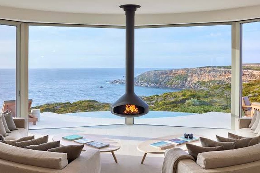 The lounge at Southern Ocean Lodge, looking out over Kangaroo Island's south coast